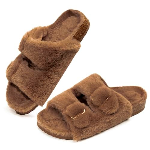 FITORY Womens Open Toe Slipper with Cozy Lining,Faux Rabbit Fur Cork Slide Sandals Brown Size 8.5
