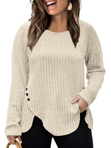 2X Womens Tops Plus Size Dressy Long Sleeve T Shirts Fashion Ribbed Knit Sweaters Cute Winter Buttons Side Apricot