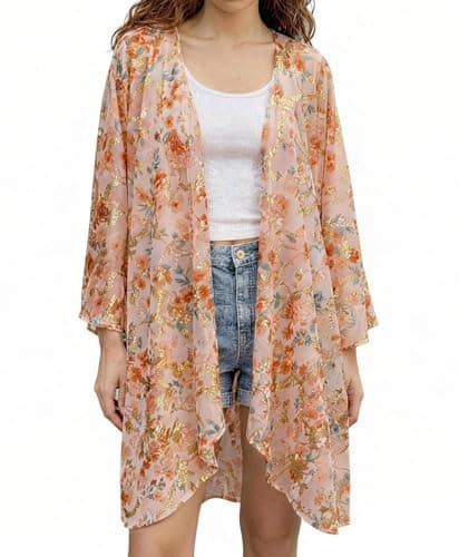 olrain Women Floral Print Bell Sleeve Kimono Cardigan Lightweight Open Front Cover Up Loungewear Cape for Summer (X-Large, GoldOrange)