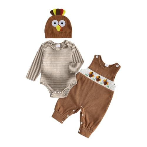 HYADRBLEBY Baby Boy Thanksgiving Outfit Newborn Stripe Romper+Turkey Overall Pants+Hat (Turkey-Brown, 3-6 Months)