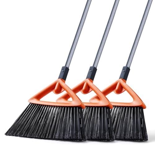 CLEANHOME 3 Pack Heavy Duty Outdoor Broom with Long Handle for Patio,Lobby,Garden,Kitchen,Deck,Yard,Sweeping -Commercial Grade Angle Broom with Stiff Bristles and Sponge Handle