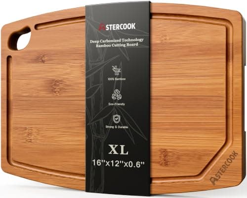 Astercook Large Bamboo Cutting Board, Deep Carbonized Wooden Chopping Board with Juice Groove and Handle, Kitchen Prep & Serving Board for Meat, Vegetables, Bread and Charcuterie