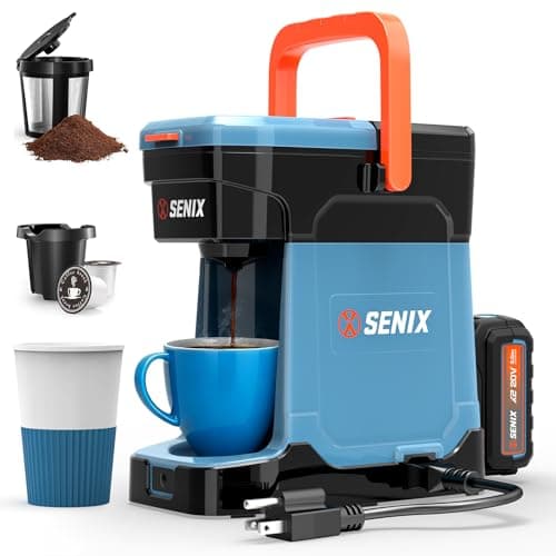 SENIX Coffee Maker Single Serve, Portable, 2-in-1 20V 5.0 Ah Battery, Charger & Power Cord, Compatible with K-Cups, Ground, Pods, 8oz Brew Size - for Travel, Camping, To-Go, Job Site, Home (CMX2-M4)