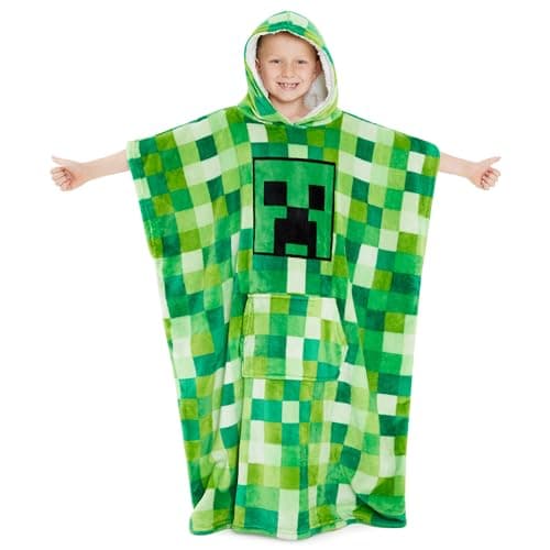 Minecraft Blanket Hoodie for Kids, Teens, One Size Soft Oversized Fleece Poncho, Cozy Hoodie Blanket, Gamer Gifts for Boys (Green)