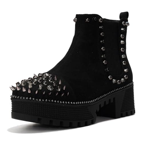 Cape Robbin Women's Platform Combat Boots Pull-on Ankle Booties, Studded Goth Punk Boots with Spiky Design & Chunky Heel (Spiky) - Black Size 5