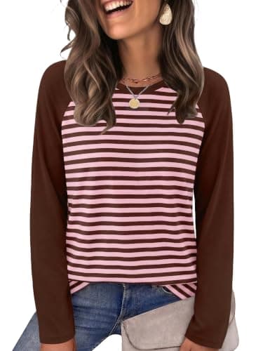 WIHOLL Long Sleeve Shirts for Women Tops Fall Outfits Brown Pink Stripes M