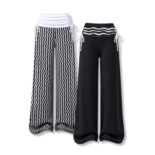 Teen Girls Flare Streetwear Pants Fold Waist Drawstring Stretch Bootcut Trousers for Casual School Outfit Size 11 12 Years(11-12Y,Wave Stripes&Black Stripes)