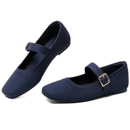 GOUPSKY Navyblue Knit Flats for Women Square Toe Slip On Casual Ballet Flats with Adjustable Strap Soft Foldable Mary Jane Shoes for Dressy Office Work Daily