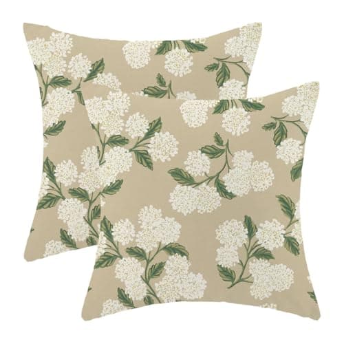 Beige Hydrangea Floral Pillow Covers 16x16 Inch Outdoor Khaki Green Flowers Throw Pillow Covers Set of 2 Vintage Spring Summer Pillow Cases Home Decor for Living Room Bedroom Linen Square Cushion