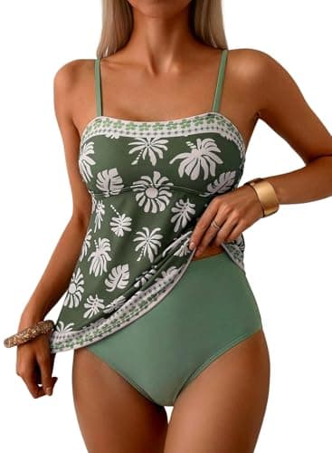 Dokotoo Women's Boho Floral Tankini Set Two Piece Swimsuits Flowy Vintage Beachwear,Green X-Large