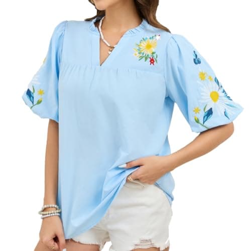 Women's Cotton Boho Floral Embroidered Blouse, V Neck Puff Short Sleeve Summer Casual Loose Fit Flowy Peasant Tunic Top Blue