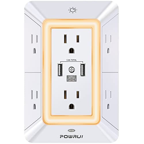 POWRUI Multi Plug 6 Outlet Surge Protector Extender with 3 USB Ports (1 USB C) and Night Light, 3-Sided Power Strip with Adapter Spaced Outlets, ETL Listed, White