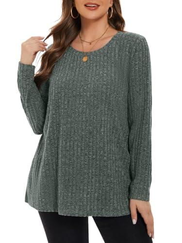 BELAROI Plus Size Long Sleeve Tops for Women Tunic Shirts Dressy Casual Sweaters Pullover Scoop Neck Lightweight Loose Fit (4X, Dark Green)