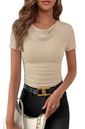 PRETTYGARDEN Womens Summer Tops 2026 Cute Cowl Neck Short Sleeve T-Shirts Ribbed Knit Fitted Spring Ruched Crop Top(Light Khaki,Small)