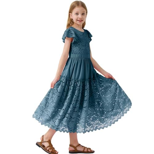 Rolanko Girls Boho Lace Dress Flower Girl Maxi Dress, Teal, 7-8Y