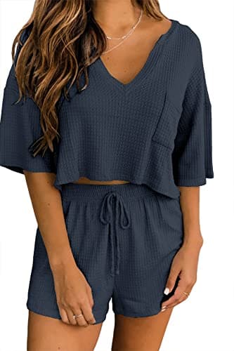 Ezbelle Women's V Neck Waffle Knit Pajamas Set Short Sleeve Crop Tops with Shorts 2 Piece Outfit Lounge Set Navy Blue Large