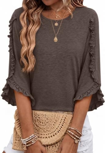 Xosini 3/4 Length Sleeve Womens Tops Dressy Casual Petal Ruffle Sleeve Shirts Round Neck Tunic Summer Outfits Spring Vacation Clothes Cute Fall Fashion 2026 Trendy Teacher Clothing,Coffee Brown,L