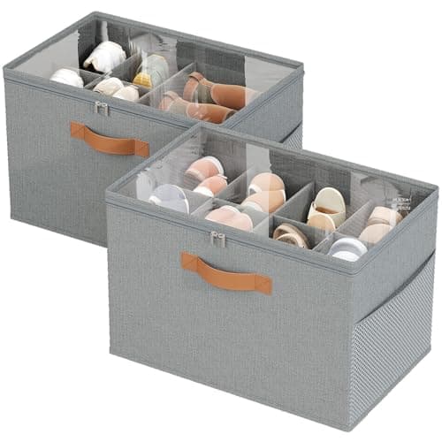 IMAXTOP 2 Pack Shoe Organizer for Closet,Foldable Shoe Storage Organizer with Adjustable Dividers, Shoe Storage Box with Clear Cover, Fits up to 16 Pairs, Gray