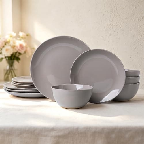 ALOFMO Dinnerware Sets for 4, 12 Pieces Stoneware Plates and Bowls Sets, Dishwasher&Microwave Safe,Modern Minimalist Tableware for Everyday Use, Gray