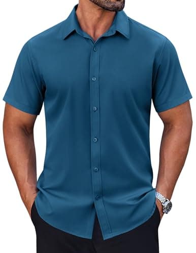 COOFANDY Men's Short Sleeve Dress Shirts Stretch Wrinkle Free Untucked Casual Button Down Shirt Dark Blue