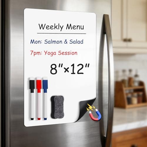 Warasee Magnetic Whiteboard for Fridge 12" x 8": Small Dry Erase Board Sheet for Kitchen Refrigerator as Weekly Menu Planner with Strong Magnet Backing - Flat Ships