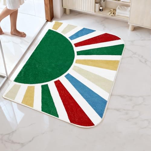 BLESWIN Bathroom Rugs Rainbow Sun, 24x36 Washable Absorbent Bath mat Non Slip, Soft Fluffy Bathroom Rug for Shower Floor Tub Toilet Bedroom Kids Room, Leaf Green