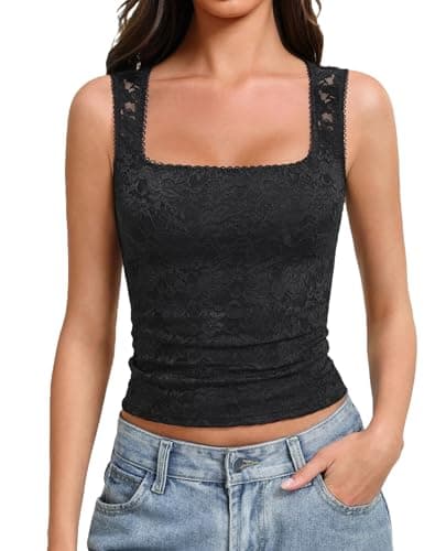 Avidlove Lace Tank Tops for Women Square Neck Black Going Out Top Double Layer Undershirt Summer