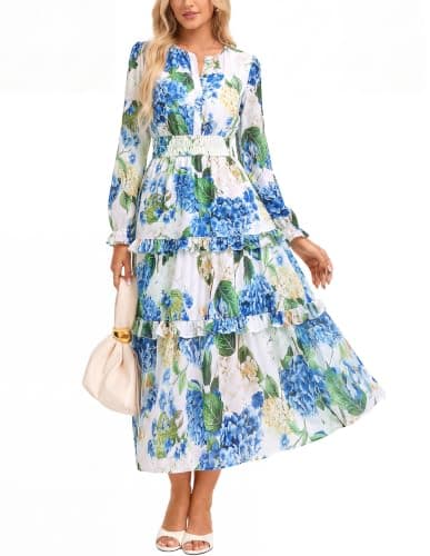GRACE KARIN Women's 2026 Fall Maxi Chiffon Floral Casual Dress Blue M