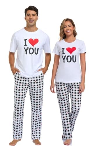 EISHOPEER Cotton Matching Pajamas for Couples Cute Printed Short Sleeve Top & Long Pants Sleepwear Pjs Sets White & Plaid S