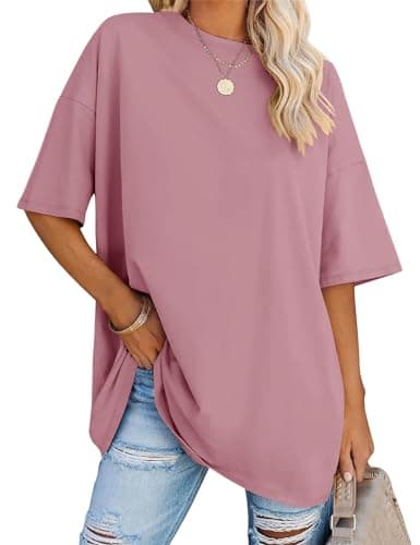 LOMON Oversized Tshirts Shirts for Women Summer Round Neck Short Sleeve Workout Basic Tee Casual Tops (Dust Pink,S)