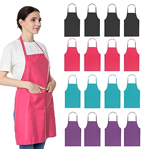 LOYHUANG Bib Apron Adult with 2 Pockets for Women Men Chef Cooking Baking Kitchen Grilling Painting Crafting Restaurant Waitress Waiter with 16 PCS Apron (16, Black Combination)