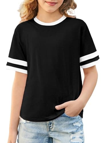 blibean Girls Shirts Big Kids Short Sleeve T Shirt Cute Summer Tops for Teen Girl Tweens Colorblock Striped Tees Fashion Spring Blouse Clothes Outfits Size 12-13 Year Old Black