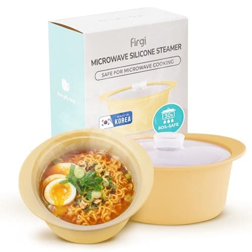 FIRGI 40oz Platinum Silicone Microwave Steamer Pot with Handle & Lid - Korean 100% Food-Grade Steamer Bowl, Heat-Resistant Cooker with Steam Holes, Easy Clean, Dishwasher Safe, Yellow