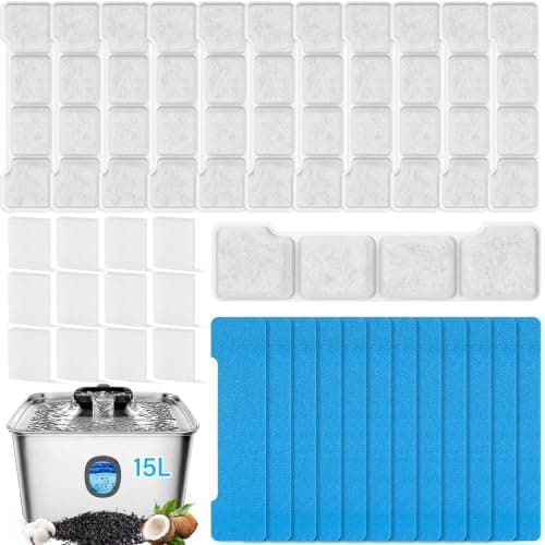 12+12 Pack Dog Water Fountain Filter Replacement, 4Gal/15L Pet Fountain Filters, Made of Activated Carbon and PP Cotton, 12 Pre-Sponges &12 Pump Sponges