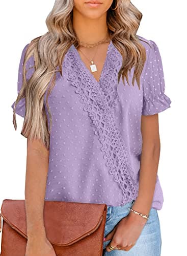 LOLONG Women V Neck Tops Casual Puff Short Sleeve Blouse Summer Chiffon Pom Poms Dressy Shirts B-Purple
