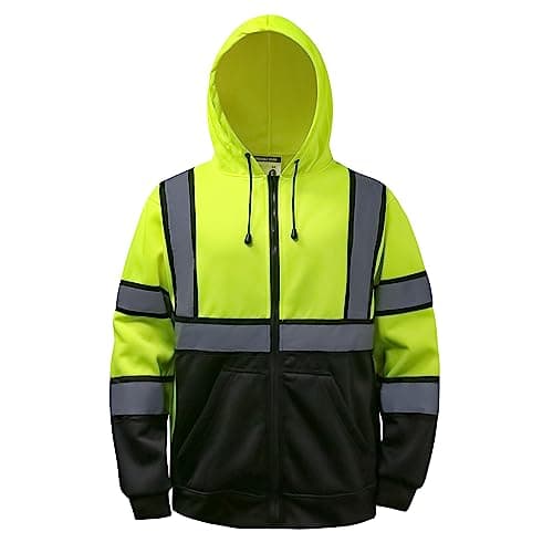 DPSAFETY High visibility Hoodie for Men,Class3 Hi Vis Hoodie with Zipper,Reflective Hooded Hood,Construction work Safety Sweatshirt with Large front Pocket for Men/Women Black Bottom,6XL
