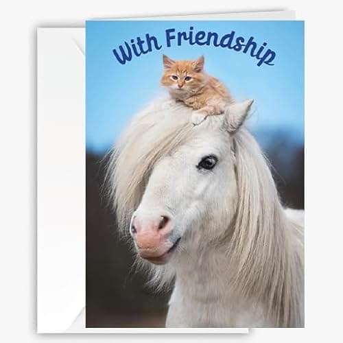 Adorable Friendship Greeting Card - Cute Sentiment Inside - Nature & Animal Lovers, Pony and Kitten - Best Friends, Besties, Birthdays, Care, Love, Thinking of You, Larger Size 5x7- Horse and Cat lovers