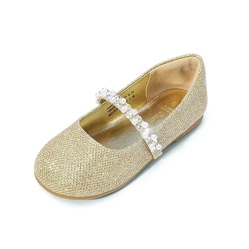DREAM PAIRS Toddler Girls Mary Jane Ballerina Dress Flats Pearl Strap Slip on Shoes,Size 5 Toddler,Gold/Glitter,SERENA-100-KIDS