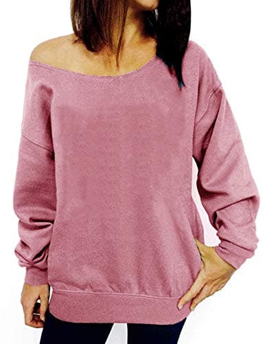 LYXIOF Womens Off Shoulder Sweatshirt Slouchy Pullover Tops Pink L