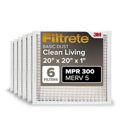 Filtrete 20x20x1 Air Filter MERV 5, 6-Pack AC Furnace HVAC, MPR 300 Basic Dust Defense, Pleated Electrostatic, Removes Lint