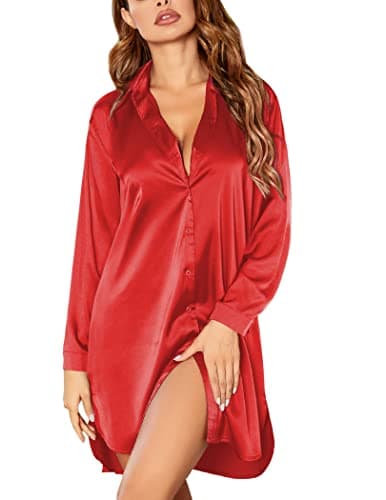 Ekouaer Satin Nightgowns for Women Button Up Sleep Shirt Winter Ladies Nightshirts Notch Collar Night Shirt Red XL