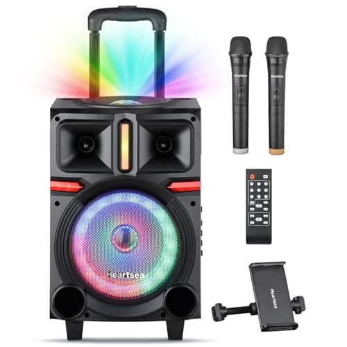 HEARTSEA Karaoke Machine, 8" Woofer Portable PA System, Bluetooth Speaker with 2 Wireless Microphones, Lyrics Display Tablet Holder, Party Lights & Echo/Treble/Bass Adjustment Support REC/AUX/USB/TF