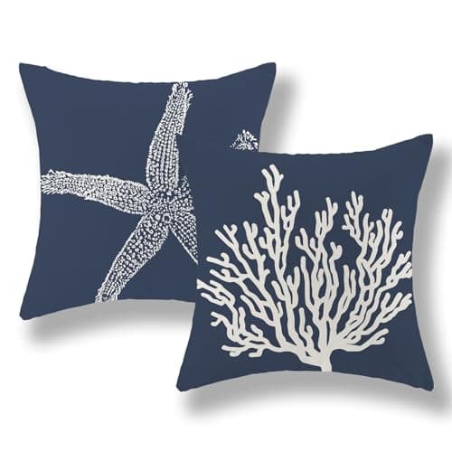 DAFENA Navy Blue Coastal Pillow Covers 18x18 Inch 2 Pcs Starfish Coral Summer Outdoor Decor Throw Pillows Nautical Beach Ocean Holiday Decoration Pillowcase Linen Cushion Cover for Couch Sofa