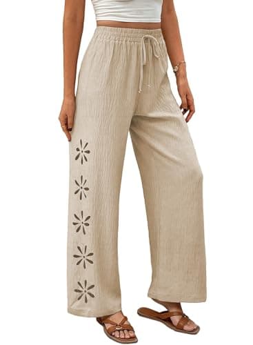 EVALESS Boho Pants for Women Trendy 2026 High Waisted Hollow Out Textured Wide Leg Resort Wear Beach Vacation Clothes Parchment 2XL