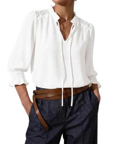 Flowy Tops for Women White Peasant Tops 3/4 Length Sleeve Ruffle Collar