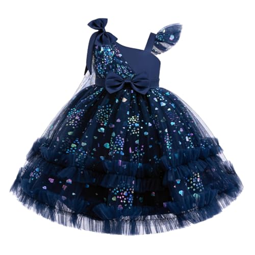 Toddler Baby Girls One Shoulder Formal Ruffle Princess Dress Bowknot Sequins Heart Ball Gown Party Pageant Lace Dresses Navy Blue 80