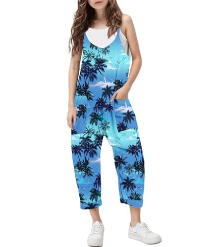 RAISEVERN Hawaiian Jumpsuit For Girls Overalls Jumper Kids Casual Sleeveless Loose Rompers Summer Clothes Outfits With Pockets 13-14 Years