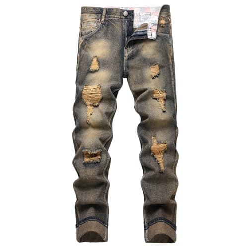 Men's Brown Vintage Ripped Distressed Stretch Slim Fit Mid Rise Jeans