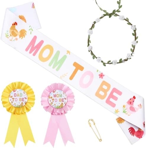 Serencatcher Chick Baby Shower Sash and Pins Set, Colorful Chicken Themed Mom to Be Sash Mom Dad to Be Pin Flower Crown Headband for Little Chick Baby Shower Decorations Farm Animal Party Favors Gifts