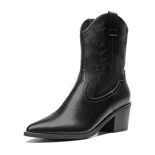 DREAM PAIRS Women's Cowboy Boots, Pointed Toe Chunky Heel Cowgirl Boots, Zipper Pull-On Stitched Western Boots Ankle Boots for Ladies,Size 7,Black,SDAB2219W